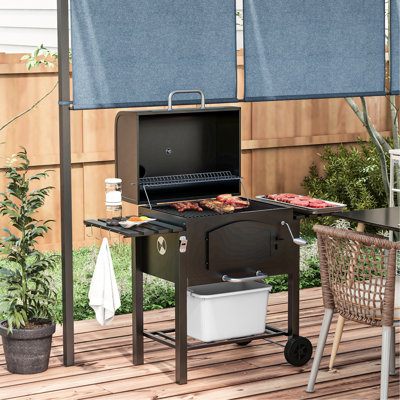 Barbecue au charbon avec tables d'appoint et support de rangement, hauteur réglable, thermomètre, roues d'ouvre-bouteilles pour patio, barbecue portatif de couleur noire, commandes de cheminée, tablettes pliantes, camping, pique-nique,