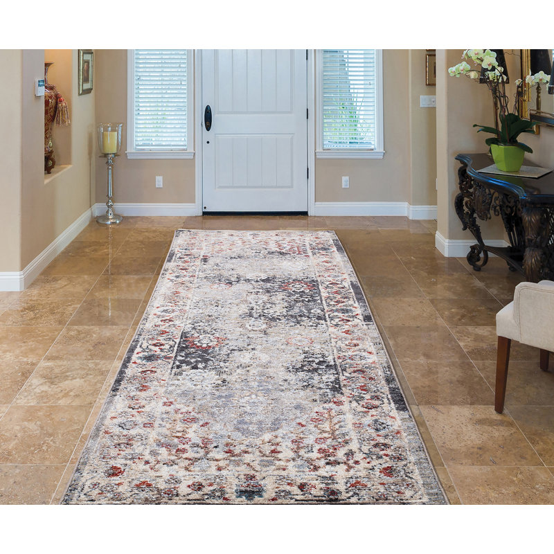 Tapis gris gris à motif esthétique antique, Tapis de couloir 2 pi 3 po x 7 pi 3 po