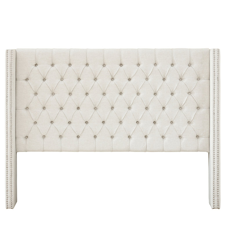 Button Headboard With Upholstery, Double Nailhead Trim, Adjustable Legs, Queen Bed, Cream Upholstery Transitional Tufting, Bed
