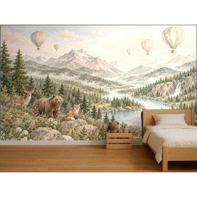 Woodland Mountains Balloons Wallpaper Mural, Peel and Stick Kids Room Wall Mural, Watercolor Nursery Wallpaper Made to Measure
