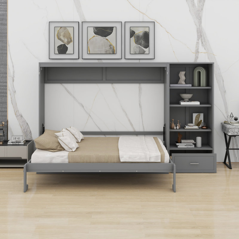 Lit escamotable avec compartiment de rangement et tiroir, Gris
