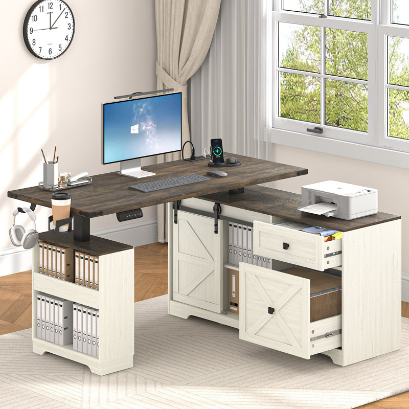 63" Farmhouse Electric Standing Desk Adjustable Height Sit Stand Corner Stand Desks, L Shaped Standing Computer Desk With Power Outlets & Storage Drawers & Sliding Door For Home Office