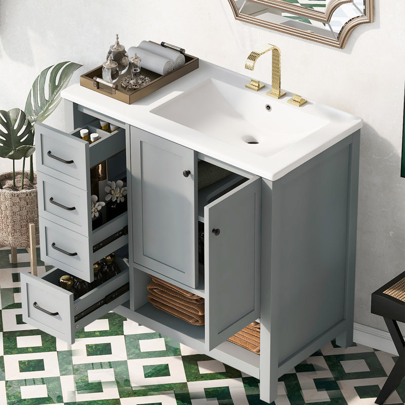 Meuble-lavabo 36 po avec lavabo en céramique, Gris, Noir
