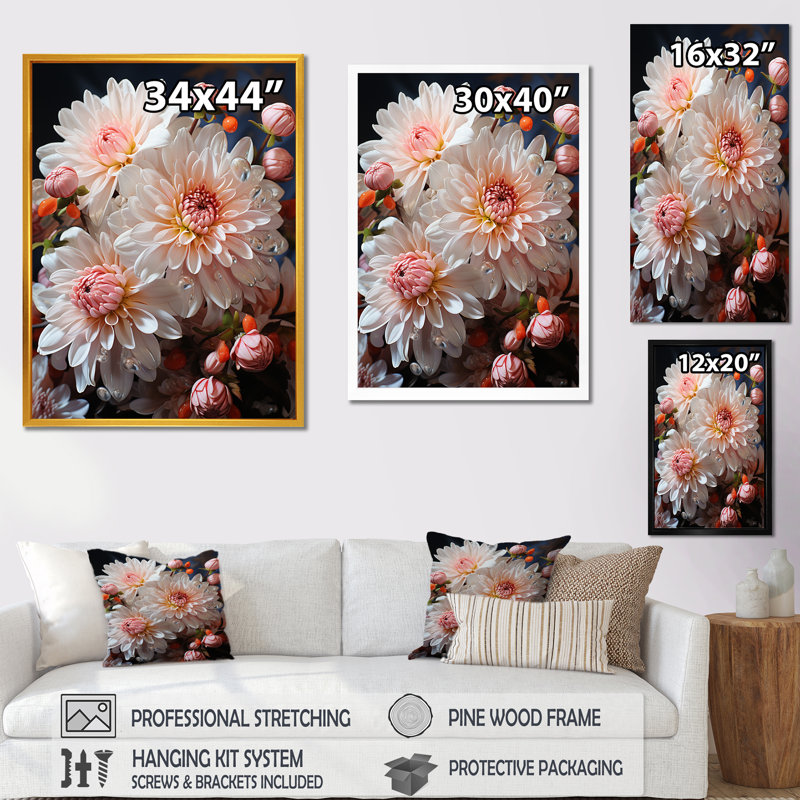 Rose et blanc, floraison de chrysanthèmes, art mural - Chrysanthèmes, Cadre photo argenté, H 32 po x l 16 po x P 1 po
