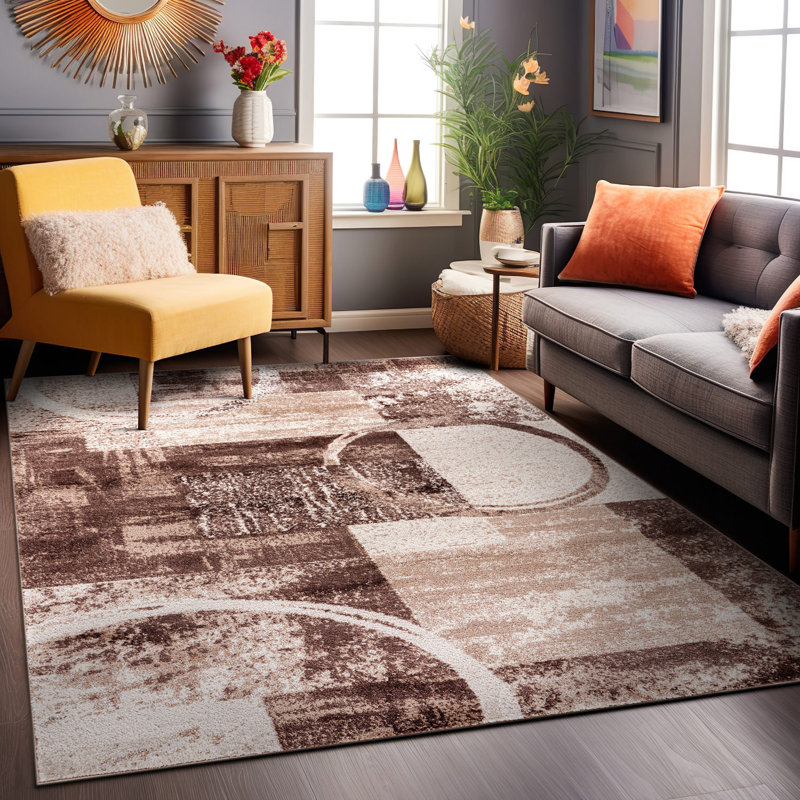 Tapis géométrique brun en polypropylène tissé à la machine Bionda, Rectangle 5 pi 3 po x 7 pi 3 po, Brown