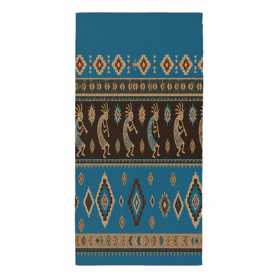1Pcs Native American Inspired Beach Towel, featuring Kokopelli figures and tribal patterns in a blue brown palette. Large microfiber, suitable for, pool, travel, unisex.