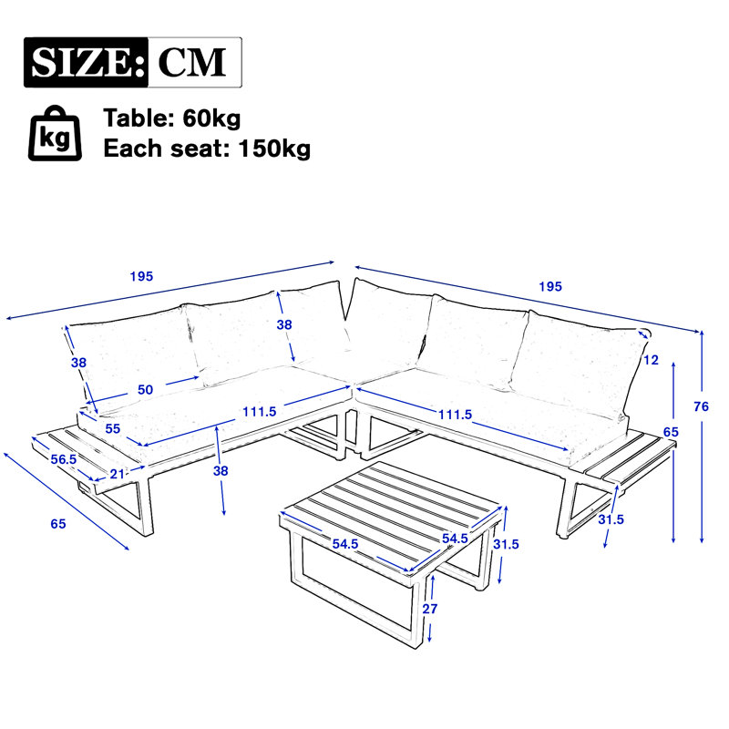 Garden Lounge Set For 4-5 People With 1 Coffee Table Beige, Beige