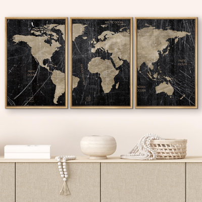 Dark Gray World Explorer Antique Map Of The World Illustrations Vintage Rustic Art Decor "" 3 - Pieces on -  wall26, FCV-B05-2403-IRS03-B.WD-24x36x3