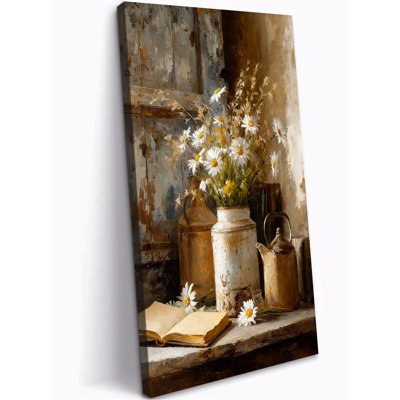 Vertical Rustic Vintage Canvas Wall Art Decor, Daisy Flower Jug Painting Prints, Antique Farmhouse Picture Artwork for Living Room Kitchen Bedroom Office Ready to Hang 12×24 Inch