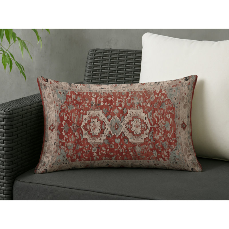 Coussin décoratif intérieur et extérieur Modern, Rouge brique / beige / ivoire damassé, Rectangle H 25 po x l 18 po