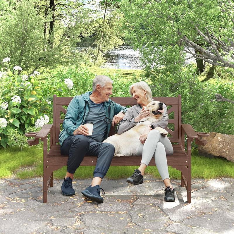 Banc d'extérieur avec porte-gobelets, banc de véranda toutes saisons Hdpe, Brun