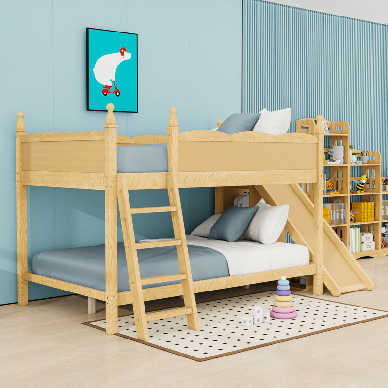 Lit superposé avec tablettes de rangement, glissoire et échelles, Beige