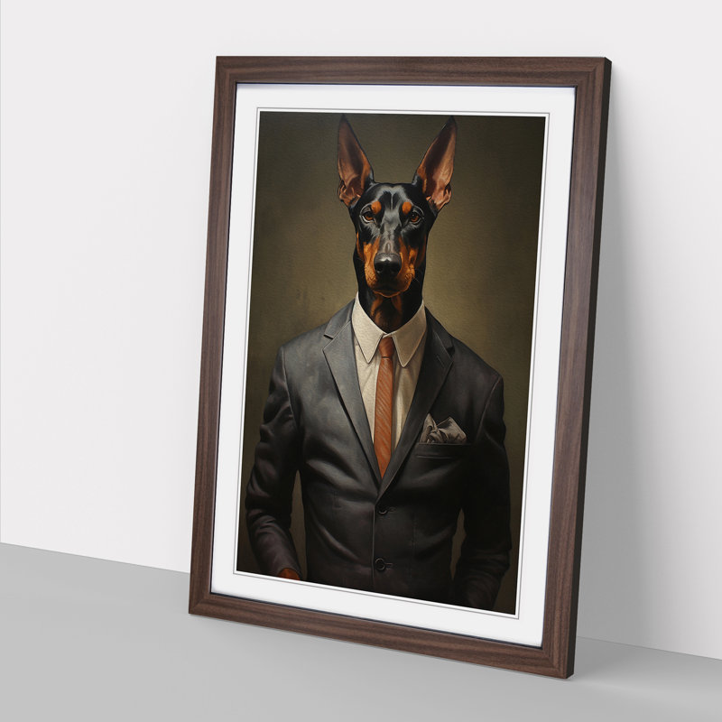 Doberman In A Suit - Single Picture Frame Print on Wood, Walnut Framed, 64cm H x 46cm W