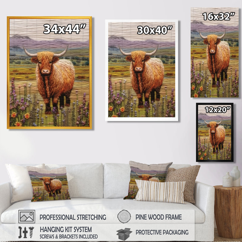 Broderie de Highland Cow - reproduction d'art mural de vache, H 20 po x l 12 po x P 1 po, Toile avec cadre noir