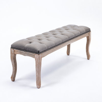 Banc de bout de lit avec siège capitonné, banc de repose-pieds en lin style campagne française rétro avec pieds en bois sculpté vieilli