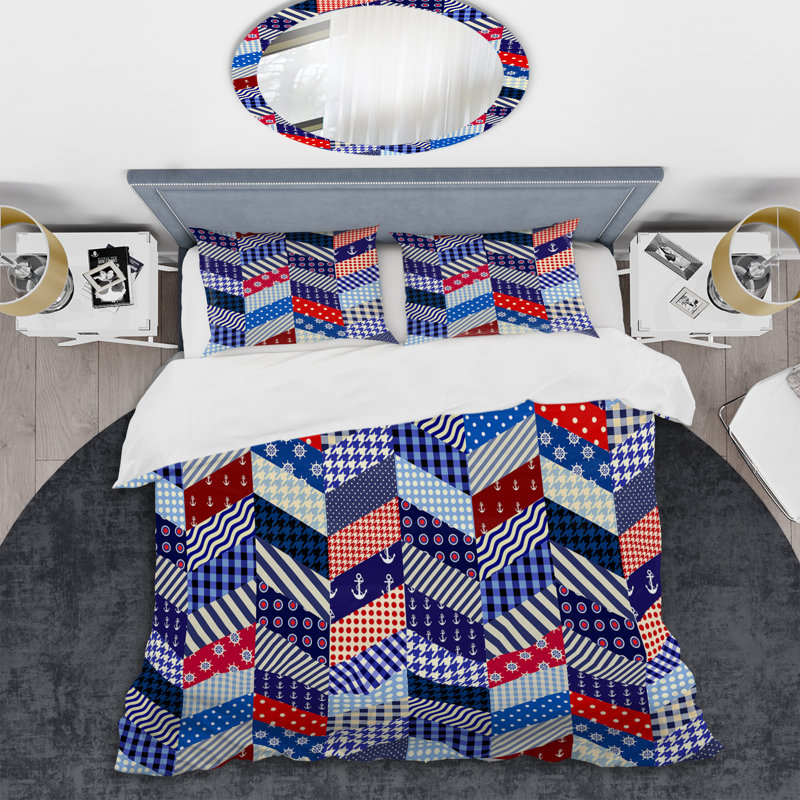 Multicolor Lines Patchwork Polyester Chevron / Zig Zag Duvet Cover, Queen Duvet Cover + 2 Standard Shams