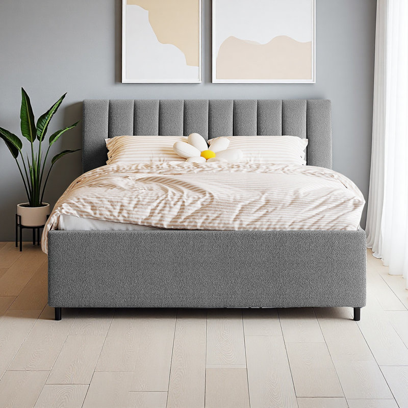 Teddy Fleece Upholstered Platform Bed, Gray, Queen