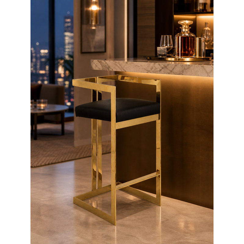 Tabouret de bar avec repose-pieds Kenzie, Doré, Similicuir noir, Tabouret de bar (siège d'une hauteur de 29,5 po)