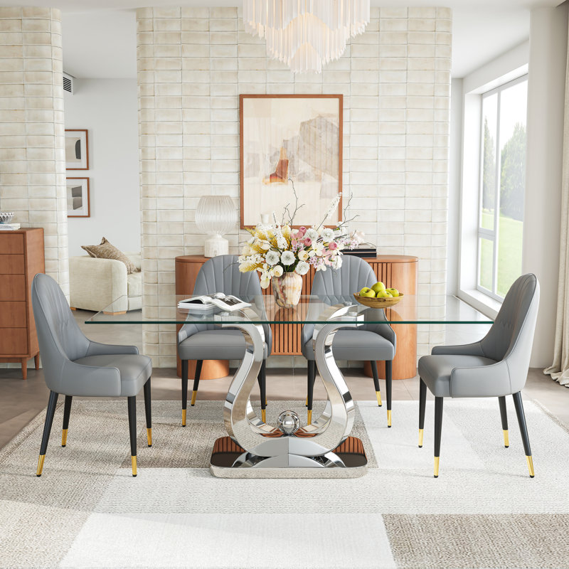 69" Rectangular Glass Dining Table Set, Tempered Glass Top, Polished Stainless Steel S-Shaped Base, Faux Leather Diamond-Back Chairs With Gold Metal Accents