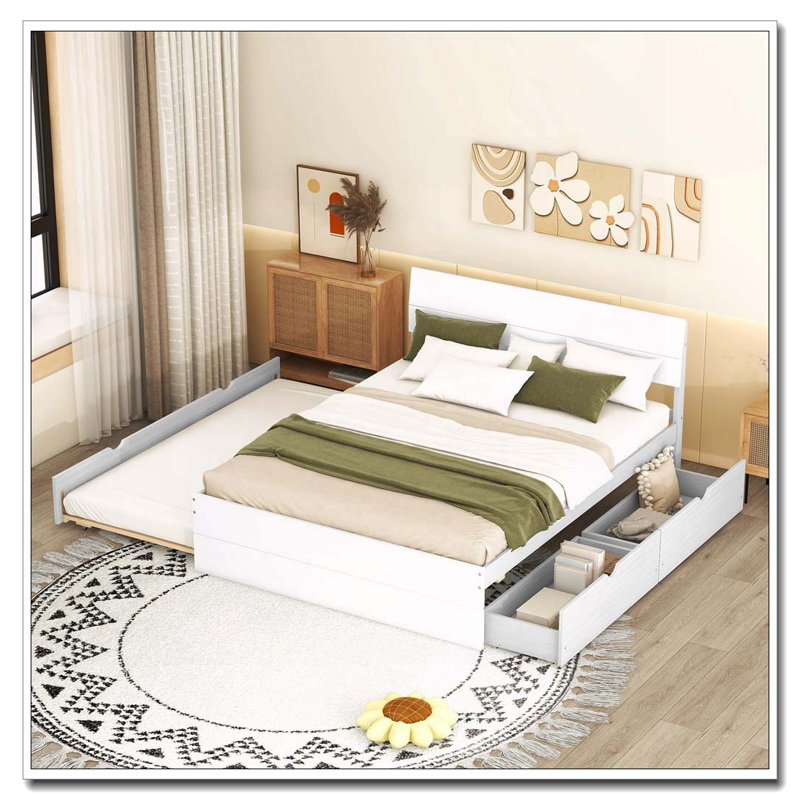 Cadre de lit simple moderne pour tête et pied de lit blanc brillant, Lit gigogne + tiroirs, Blanc