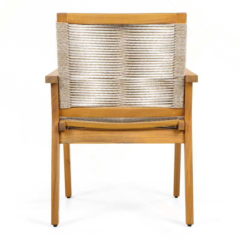 Ensemble de 2 chaises de salle à manger d'extérieur, structure en bois au fini teck et corde brune, style cour naturelle, capacité de 400 lb