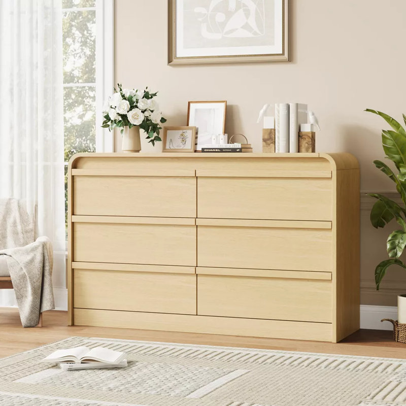 Commode arquée 6 tiroirs blanche, commode de rangement moderne en bois avec design incurvé, Naturel