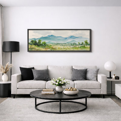 Soft Watercolor Mountain Landscape with Green Fields and Blue Peaks Nature Wall Decor Extra Large Pictures Framed Canvas Print Wall Art