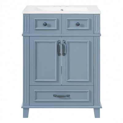 Meuble-lavabo de 24 po avec lavabo en céramique, structure en bois massif, portes à fermeture douce, armoire de rangement de style rétro bleu