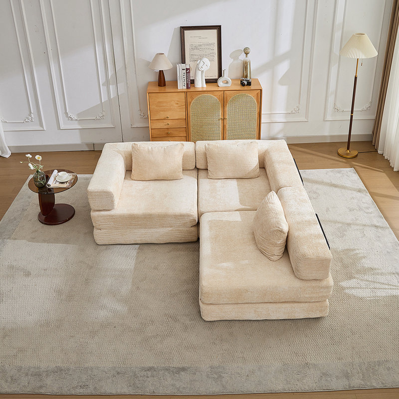 Canapé-lit convertible à plancher à compression avec structure de forme fixe, modulaire désossé, sans assemblage, idéal pour les espaces polyvalents