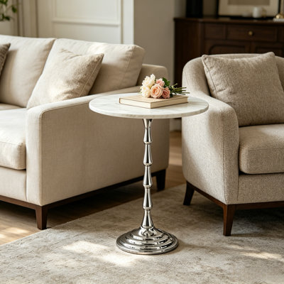 Marble Top Pedestal Accent Side Table, Chrome Silver Metal Round End Table, Modern Slim Drink Table For Living Room Sofa Bedroom