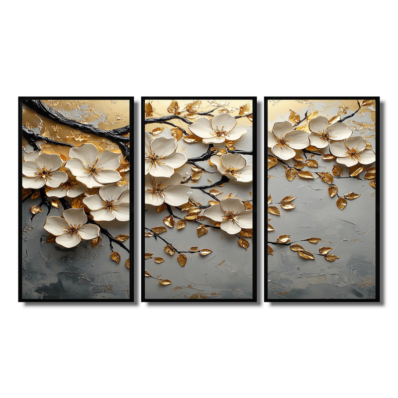 «Dreaming White and Gold Cherry Blossom Branch II», ensemble de reproductions d'art mural cerisier en fleurs