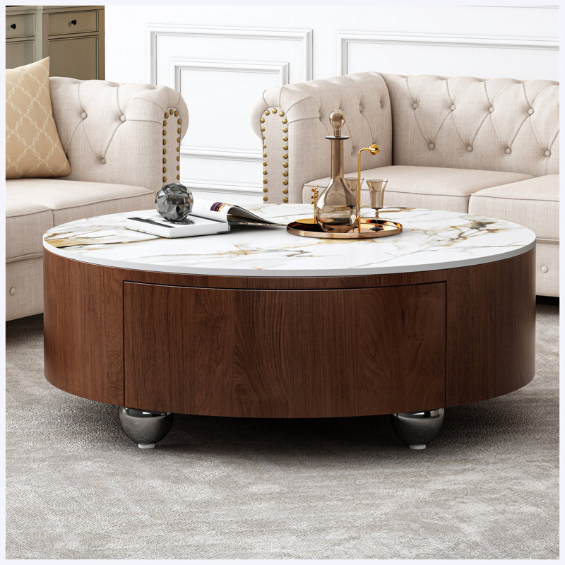 Table basse rustique ronde avec 2 tiroirs et plateau en pierre frittée, 10.2" H x 31.5" W x 31.5" D, White / Walnut