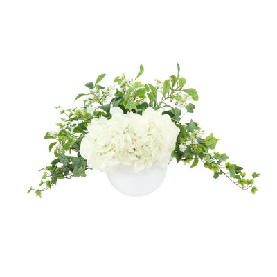 Hydrangeas and Ivy in Round Fiberstone Pot