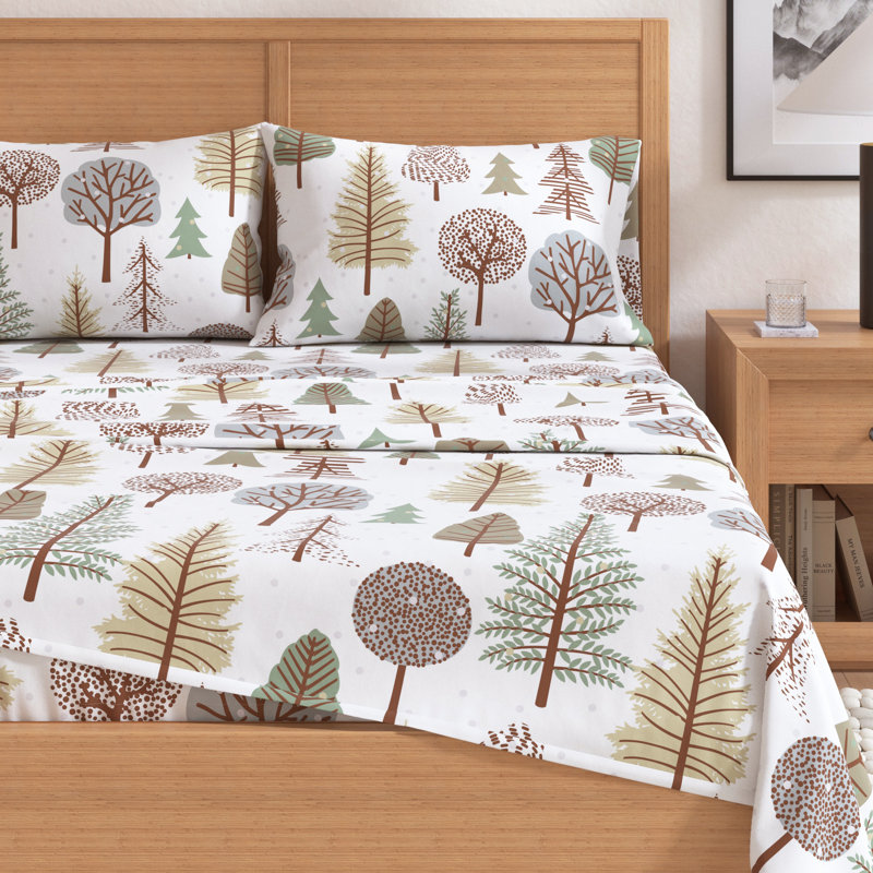 Queen Gray Cotton Flannel Sheet Set with Tree Print