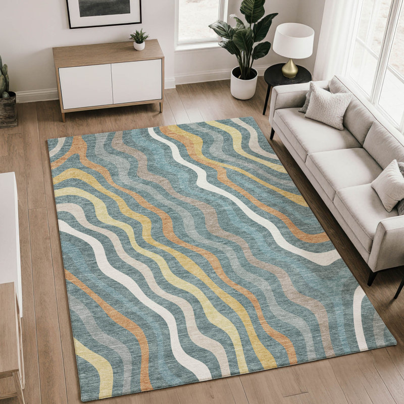 Tapis abstrait lavable à la machine Premium, Teal, 5' x 7'6"