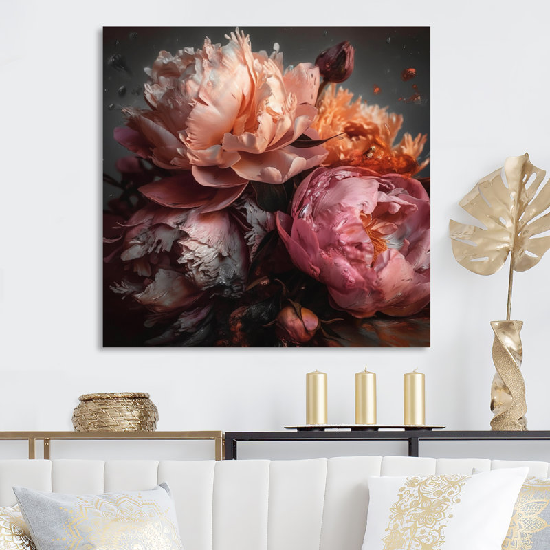 Orange Pink Peonies Blooming - Print, 30" H x 30" W, Wrapped Canvas