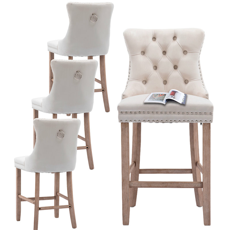 Tabouret de bar rembourré en velours avec dossier capitonné (ensemble de 4), Beige / Naturel