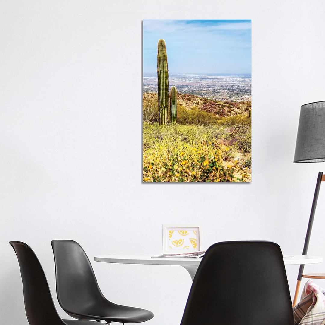 Phoenix Arizona Desert With Saguaro Cactus And Cityscape - Wrapped Canvas Gallery-Wrapped Canvas Giclée