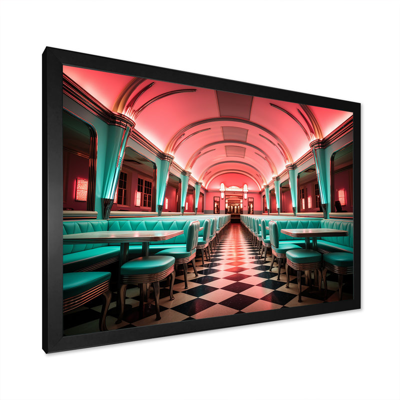 «Pink Nostalgic Tunes Fast Food 1960S Diner - Jukeboxes», art mural, Cadre d'angle fermé noir, H 16 po x l 32 po x P 1 po