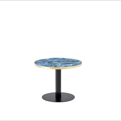 Panneau de fibres à densité moyenne rond de 23,6 po recouvert d'un comptoir de peinture UV, texture marbre, bordure en acier inoxydable, pieds de table en métal, table basse moderne et luxueuse.