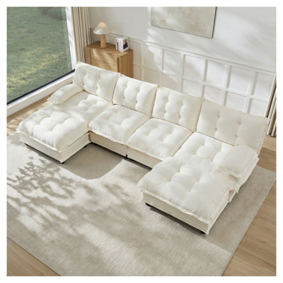 Canapé modulaire en forme de U de 138 po avec 2 repose-pieds, canapé-lit en chenille et siège profond pour salon 4 pièces, beige