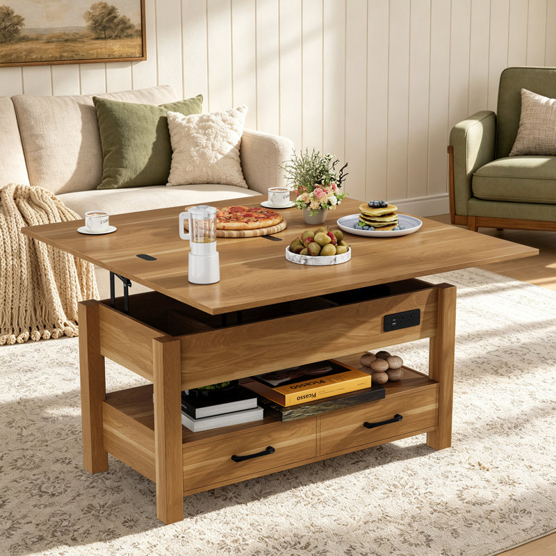 Table basse à plateau relevable divisé avec lumière DEL, station de charge, grand rangement, Natural Wood