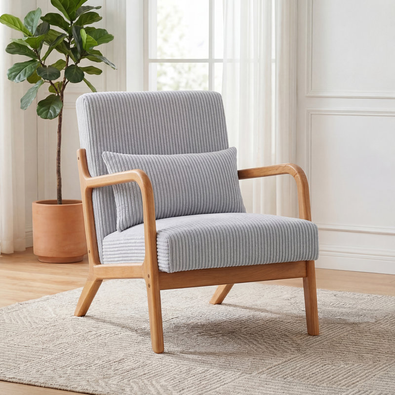 Ensemble de chaise d'appoint Mid-Century en bois d'hévéa massif de 28 po et table de 15,74 po, Polyester, Light Grey