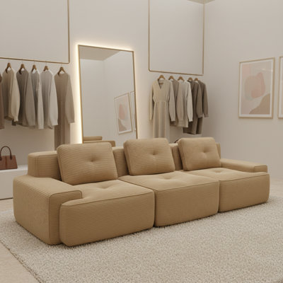 Canapé modulaire moderne pour le salon, tissu en velours côtelé, canapé 3 places surdimensionné avec assise profonde, passepoil perlé, conception capitonnée, connexion par boucle, sans assemblage, conception antidérapante