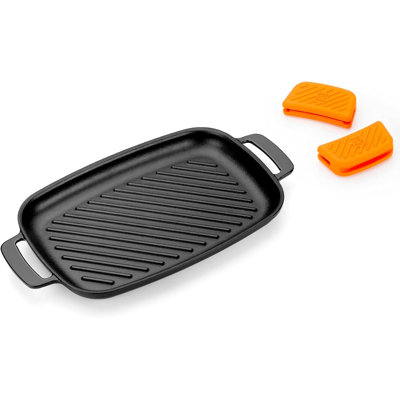 BRA COOKWARE Efficient Iron Rectangular Ribbed Grill | 13 inches x 8.7 inches Cast Iron Rectangular Griddle | All Heat Sources Compatible | PFOA Free | W/o Non-Stick | Silicon Handle | Non Deformable