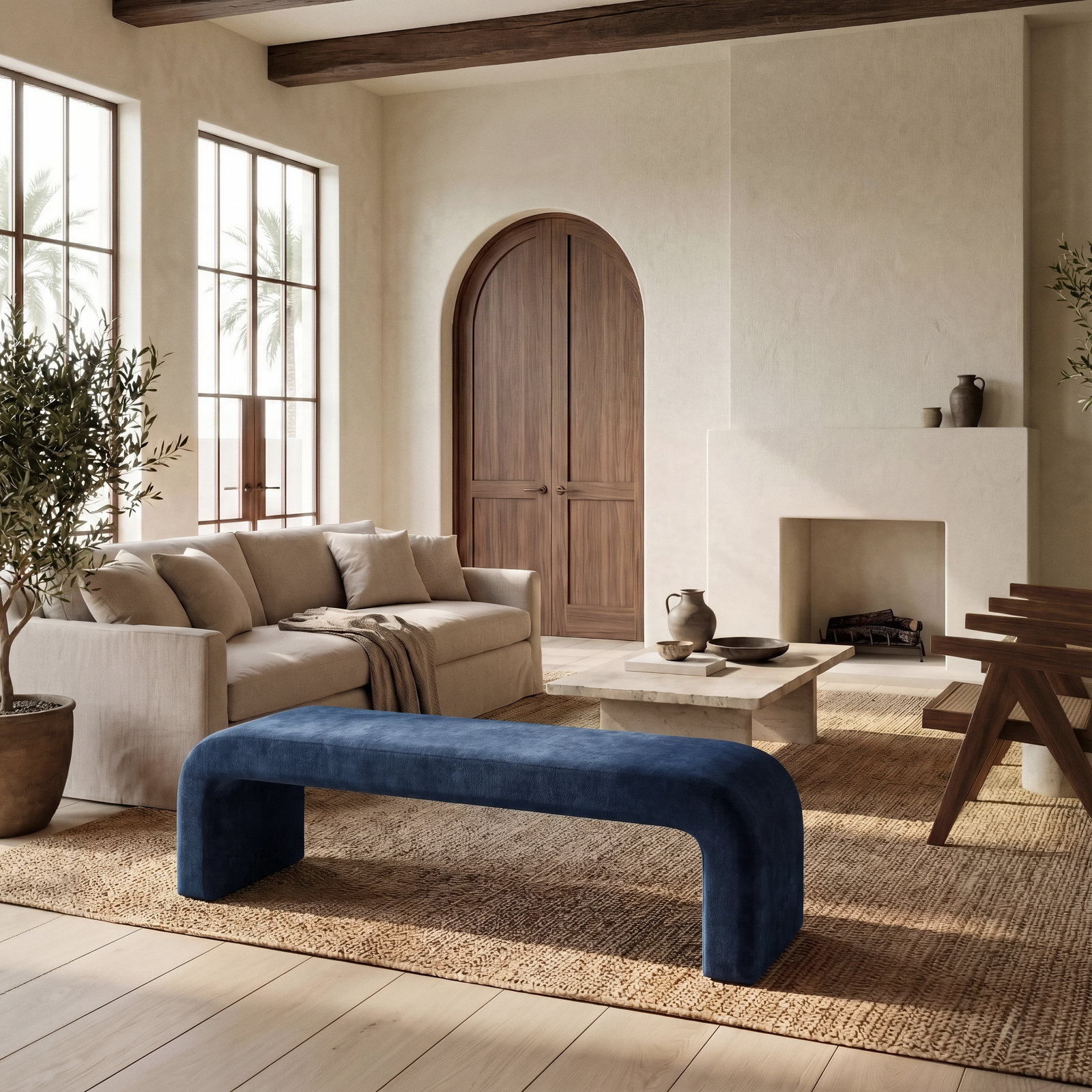 Daine 62" Linen Bedroom Bench, Navy Velvet