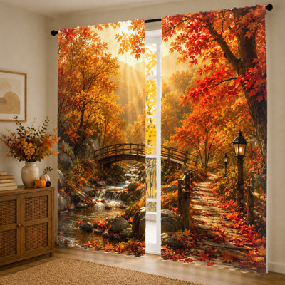 2Pcs Autumn Forest Bridge curtains, light filtering fabric, realistic landscape print pattern, sunshade and privacy protection, rod-pocket design, suitable for living room, bedroom, balcony, kitchen home decoration