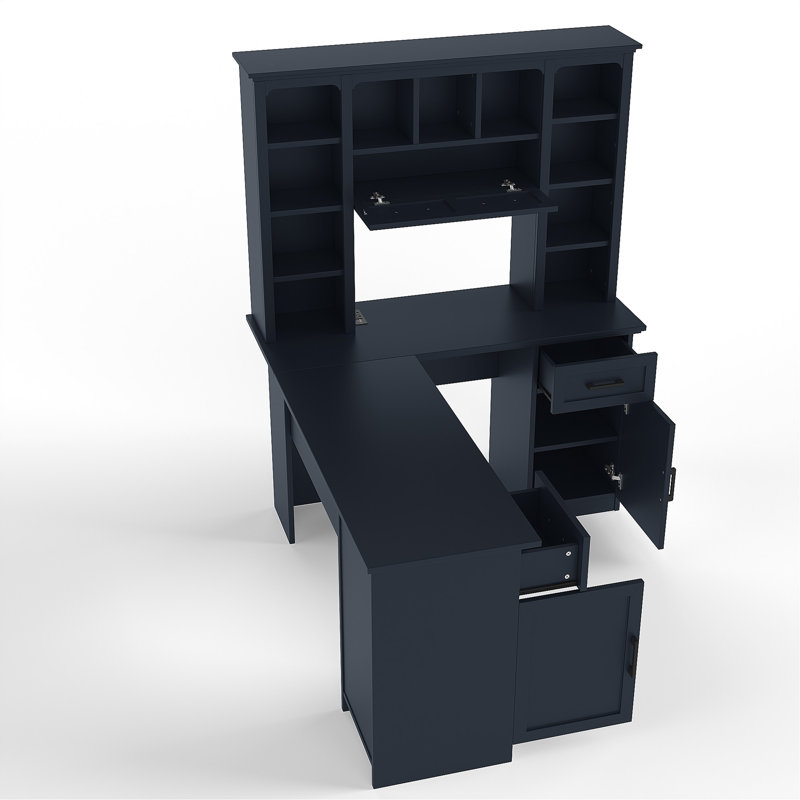 Bureau d'ordinateur en L avec 2 armoires et 2 tiroirs, 11 tablettes ouvertes et 1 tablette à droite rabattable avec rangement, avec prise de courant, pour bureau, salon et bureau, bleu antique