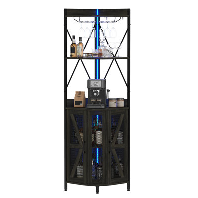 5-Tier Industrial Corner Wine Storage Cabinet with LED Lights, Built-in Power Outlet and Glass Holders, Freestanding Detachable Bar Rack Display Shelf for Kitchen, Dining Room and Living Room