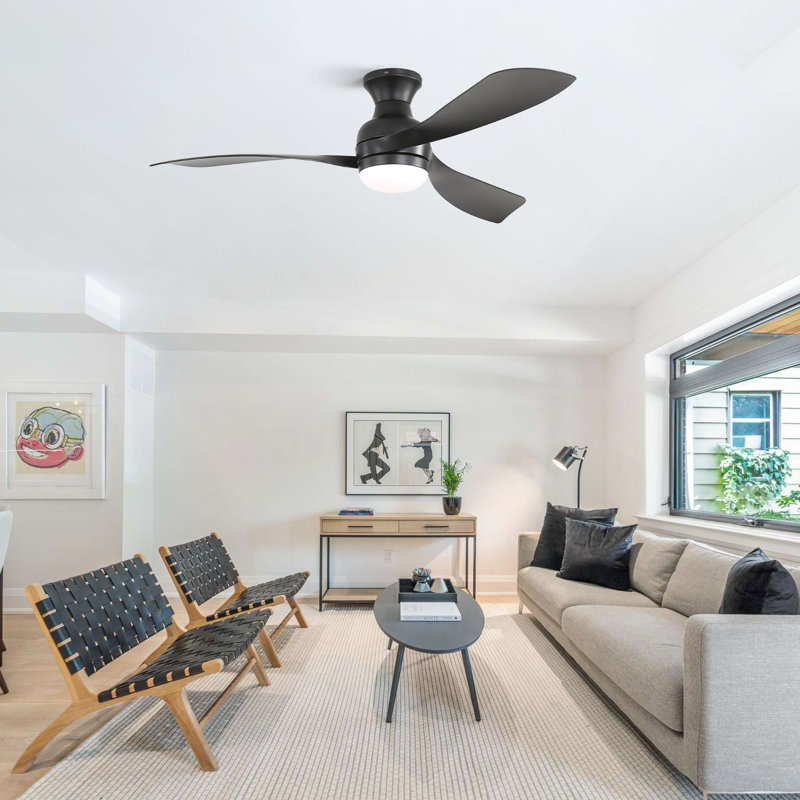Nicola 52'' Modern Flush Mount Ceiling Fan With Led Light And Remote Control Dc Motor, Black